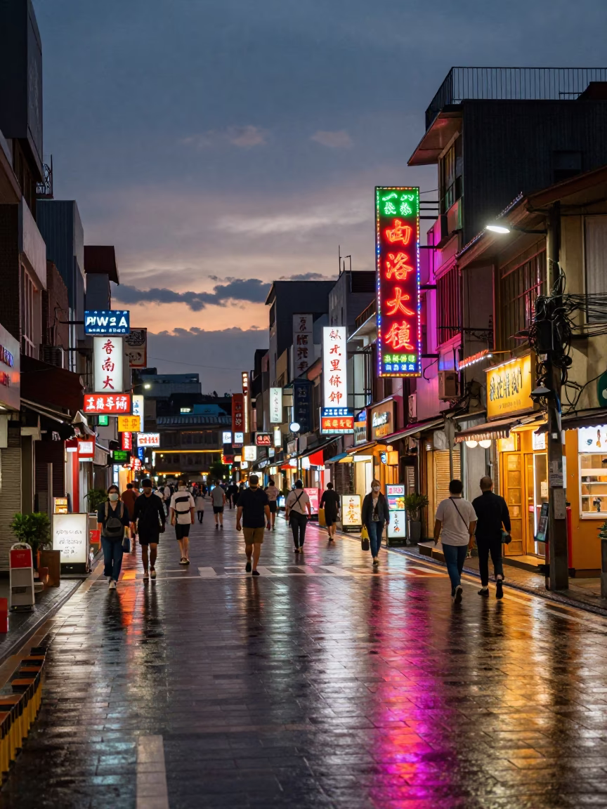 Tainan Taiwan Street Scene at Dusk with Neon Lights and Busy Night Market Activity in in Tainan, Taiwan