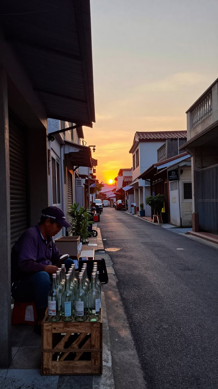 Tainan Taiwan street scene at sunset with glass bottles and paper fan in in Tainan, Taiwan
