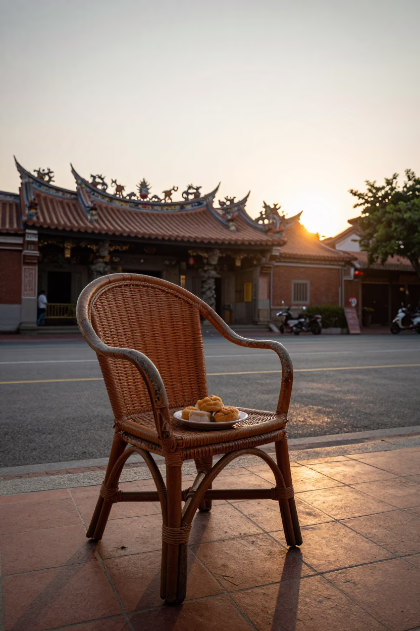 Tainan Taiwan Street Scene at Sunset with Rattan Chair and Pastries in in Tainan, Taiwan