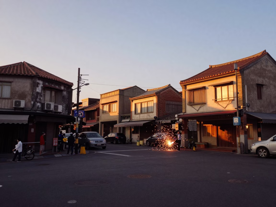 Tainan Taiwan Street Scene at Sunset with Welding Sparks Under Construction in in Tainan, Taiwan