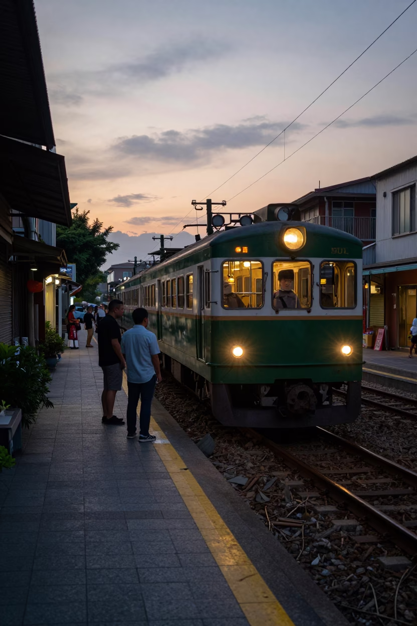 Tainan Taiwan Street Scene Before Dawn with Narrow Gauge Train and Commuters in in Tainan, Taiwan