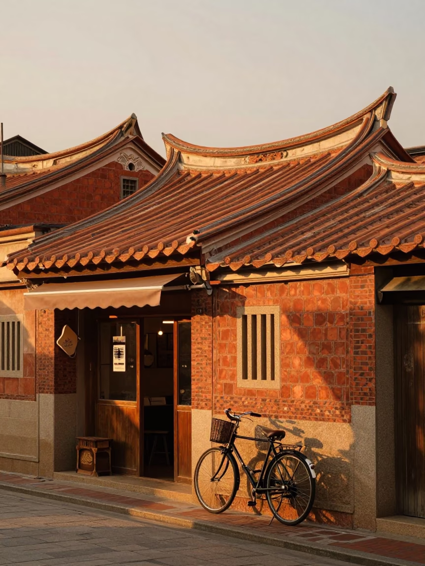 Tainan Taiwan Street Scene Before Dusk with Traditional Architecture and Local Life in in Tainan, Taiwan