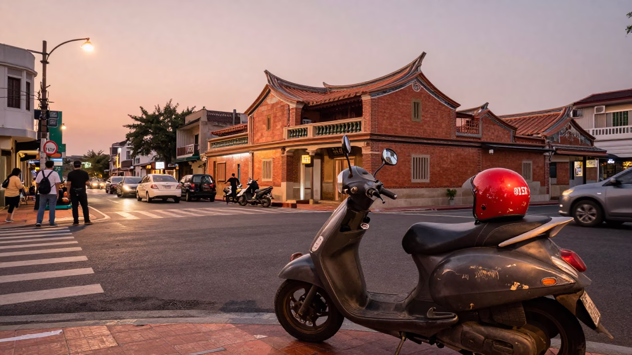 Tainan Taiwan street scene before dusk with vintage motorcycle and local market activity in in Tainan, Taiwan