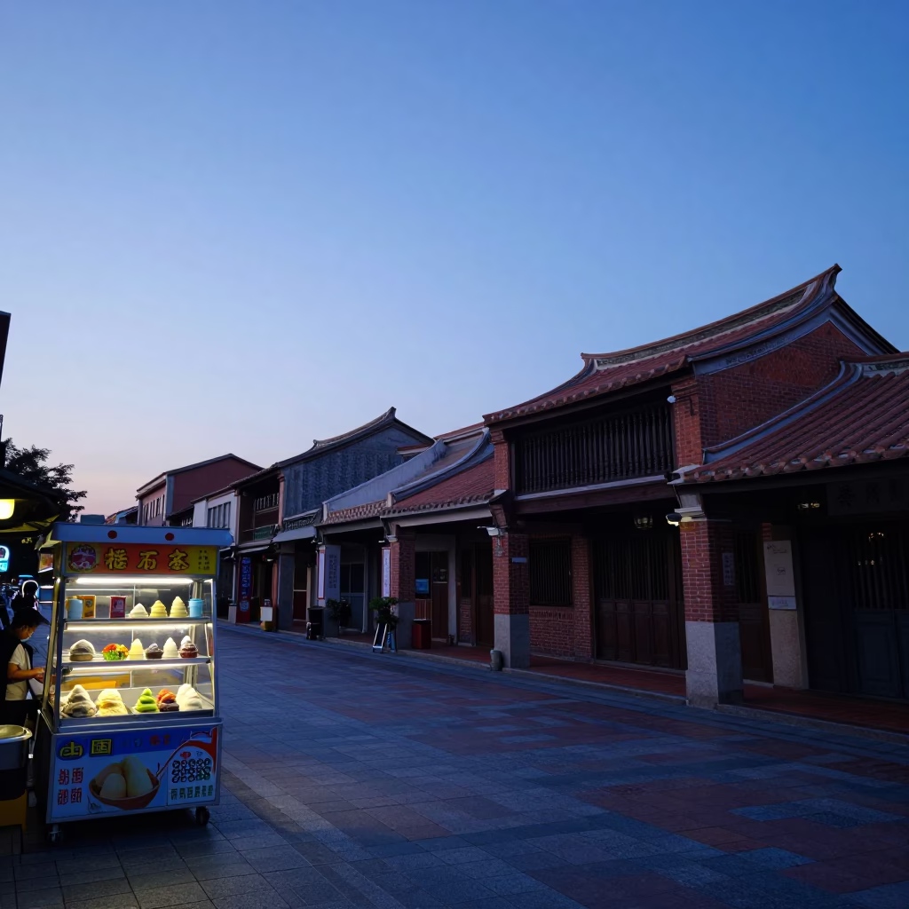 Tainan Taiwan Street Scene Before Sunrise with Gelato Display and Palm Trees in in Tainan, Taiwan