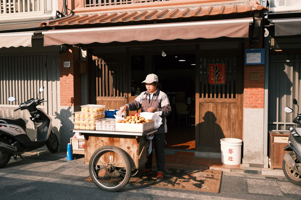 Tainan Taiwan Street Scene Early Afternoon Local Vendor and Traditional Decorations in in Tainan, Taiwan