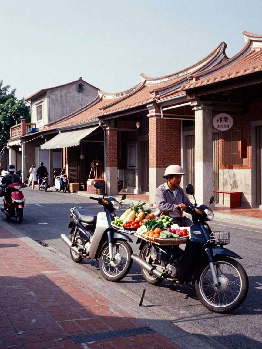 Tainan Taiwan Street Scene Midmorning Light with Motorcycle and Urban Details in in Tainan, Taiwan