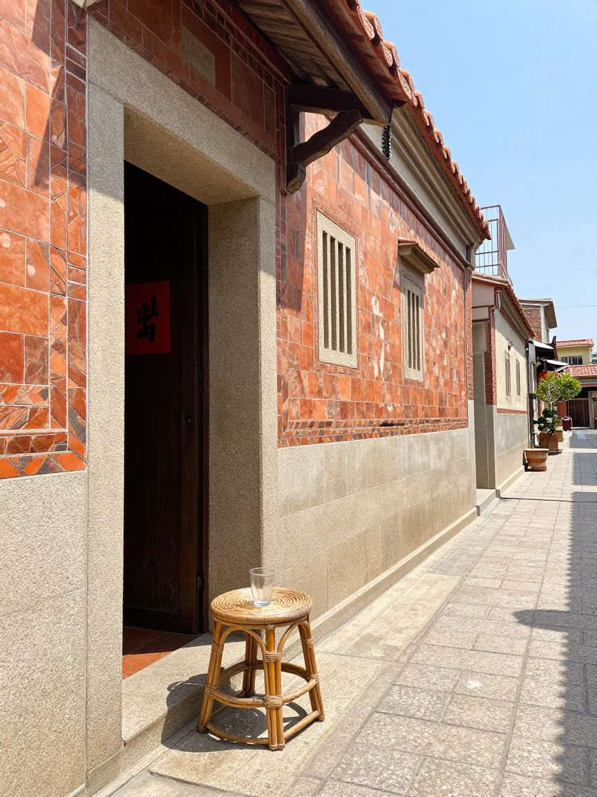 Tainan Taiwan Street Scene Midmorning Rattan Stool and Glass Tumbler in in Tainan, Taiwan