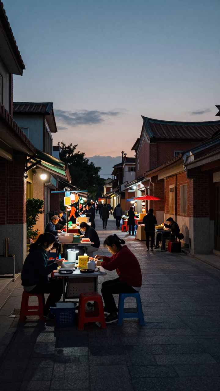 Tainan Taiwan Street Scene Predawn Darkness with Vendors and Traditional Architecture in in Tainan, Taiwan