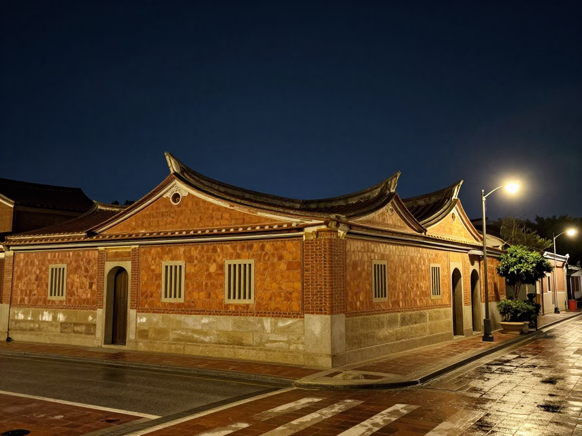Tainan Taiwan street scene under deep night sky with traditional architecture and local life in in Tainan, Taiwan