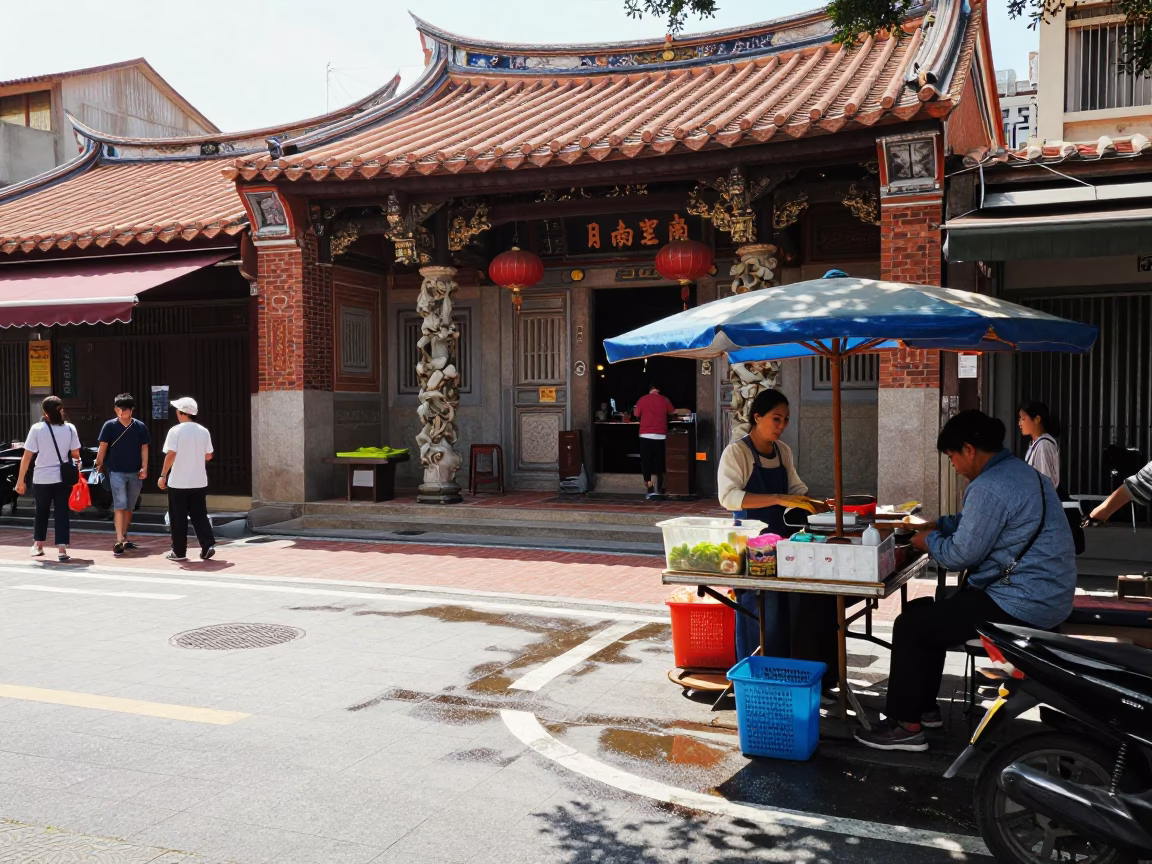 Tainan Taiwan street scene under noon glare with local vendor and traditional architecture in in Tainan, Taiwan