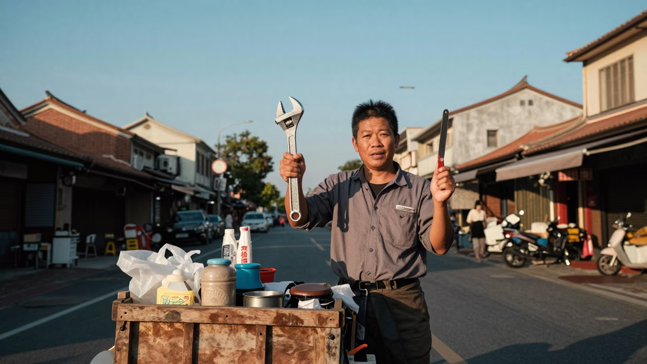 Tainan Taiwan Street Scene with Adjustable Spanner and Straight Razor in Late Afternoon Light in in Tainan, Taiwan