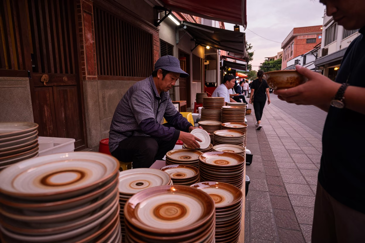 Tainan Taiwan Street Scene with Ceramic Plate and Tea Stains in Copper Light in in Tainan, Taiwan