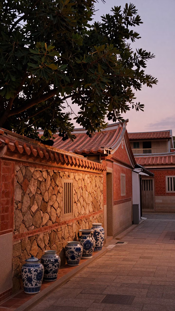 Tainan Taiwan Street Scene with Fig Tree and Porcelain Jars in Copper Dusk Light in in Tainan, Taiwan