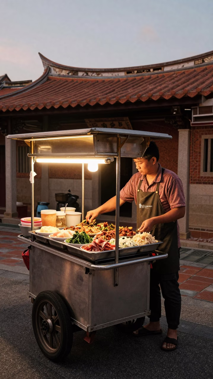 Tainan Taiwan Street Scene with Food Vendor in Copper Light Before Dusk in in Tainan, Taiwan