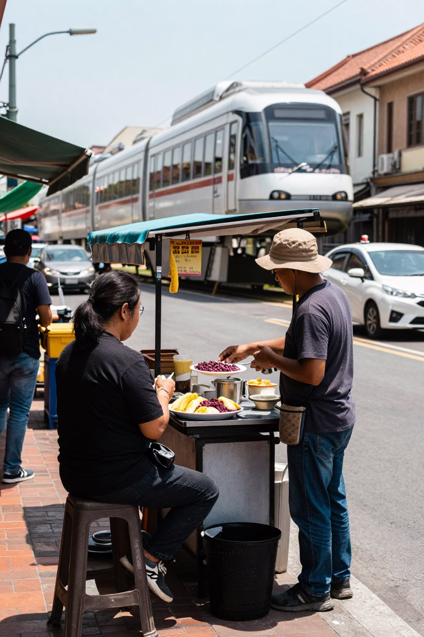Tainan Taiwan Street Scene with Monorail and Local Food Vendor in Bright Midmorning Light in in Tainan, Taiwan