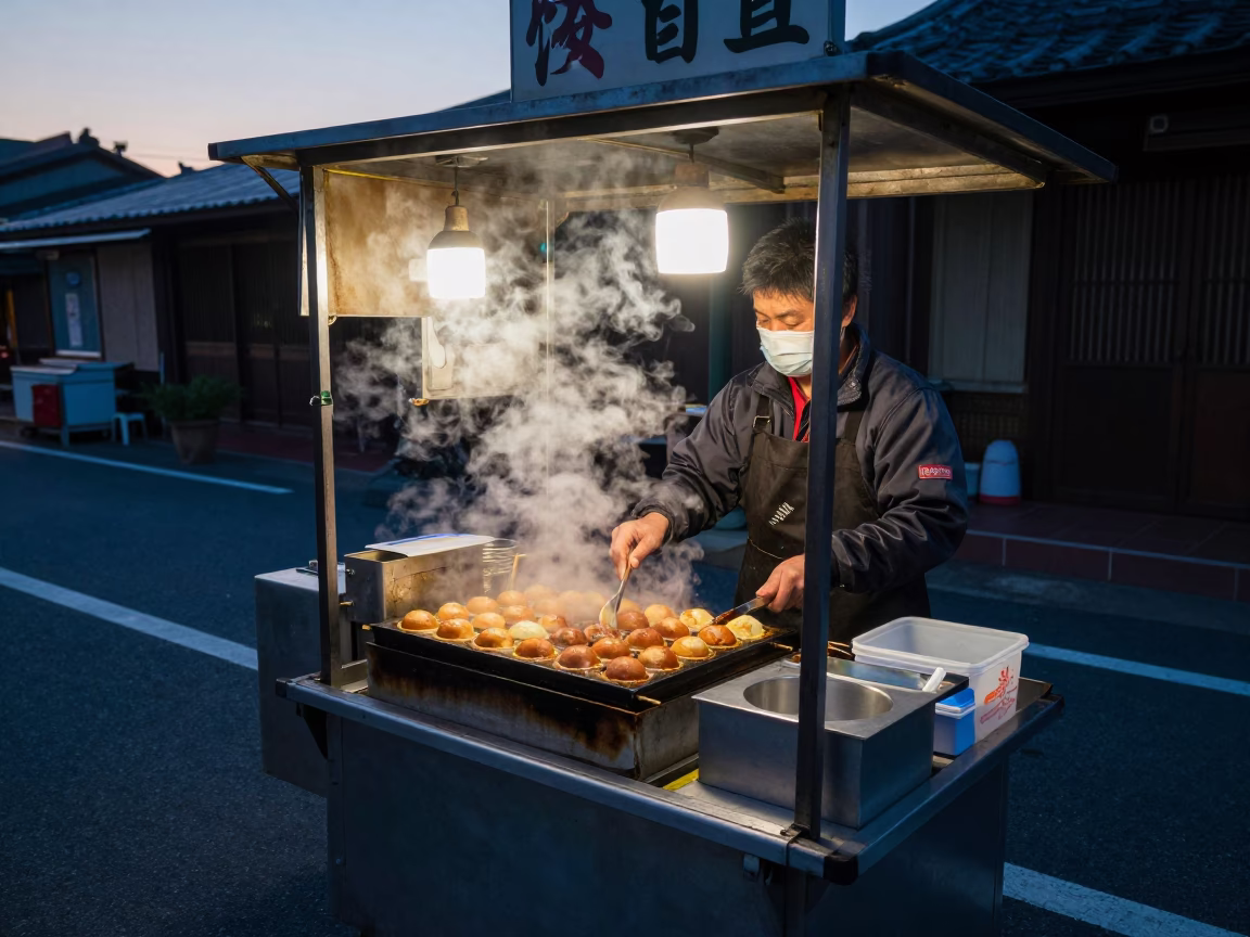 Tainan Taiwan Street Vendor Breakfast Stall Before Sunrise with Takoyaki and Urban Morning Light in in Tainan, Taiwan