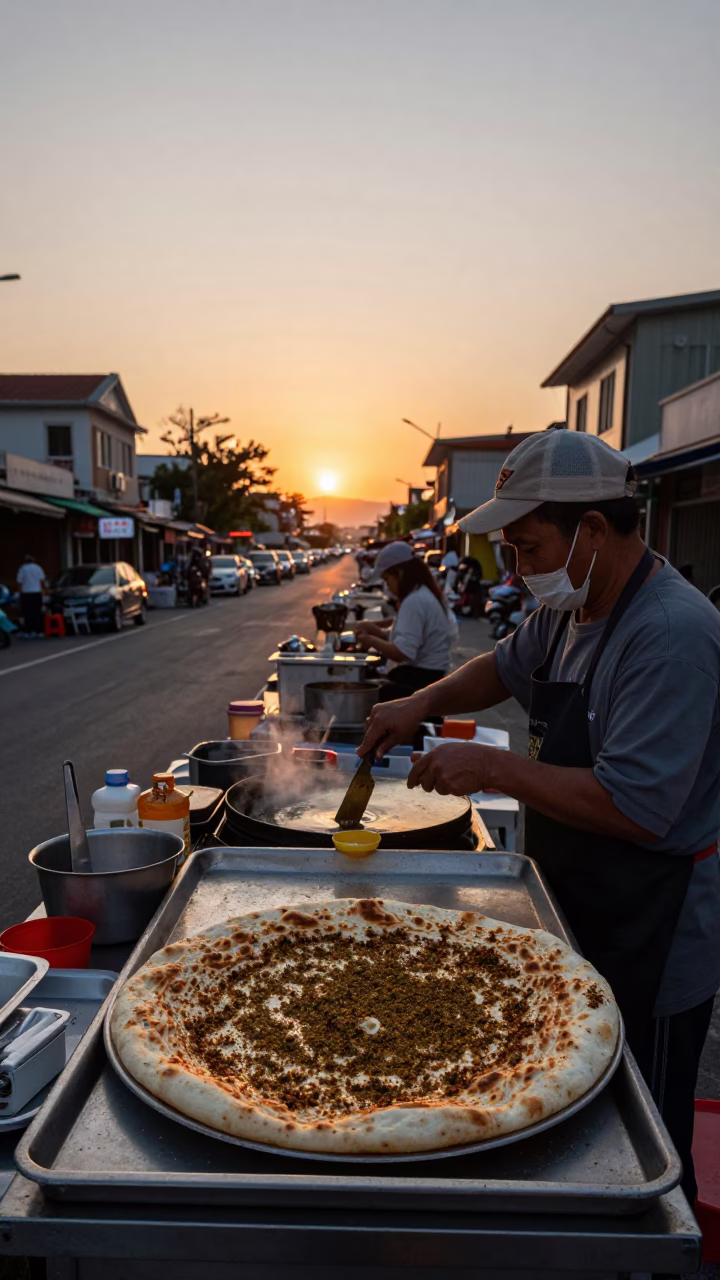Tainan Taiwan Street Vendor Cooking Manakeesh with Zaatar at Sunset in in Tainan, Taiwan
