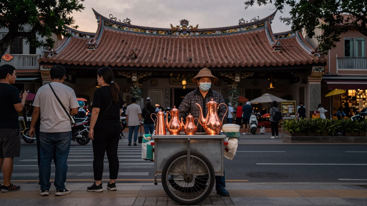 Tainan Taiwan Street Vendor Copper Dusk Light Tea Pitcher and Seating in in Tainan, Taiwan