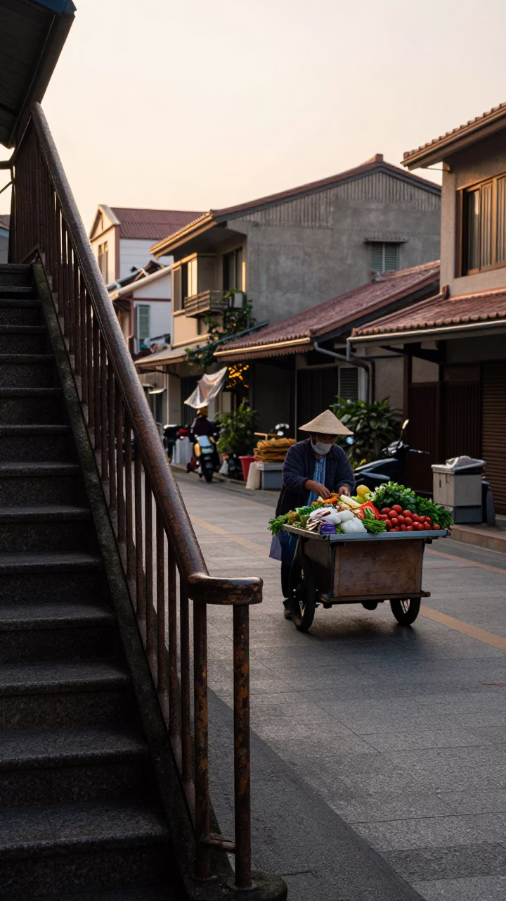 Tainan Taiwan Sunrise Street Scene with Old Stair Rail and Local Morning Activity in in Tainan, Taiwan