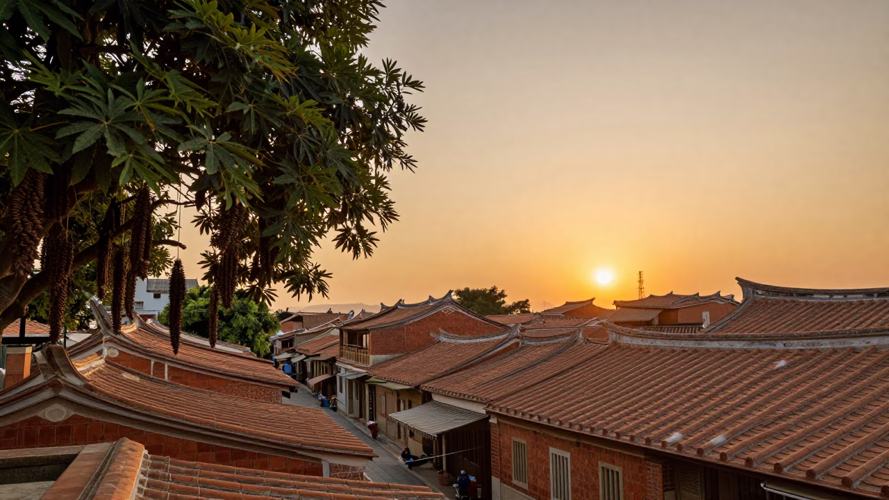 Tainan Taiwan Sunset Horizon View Over Traditional Architecture and Tamarind Trees in in Tainan, Taiwan