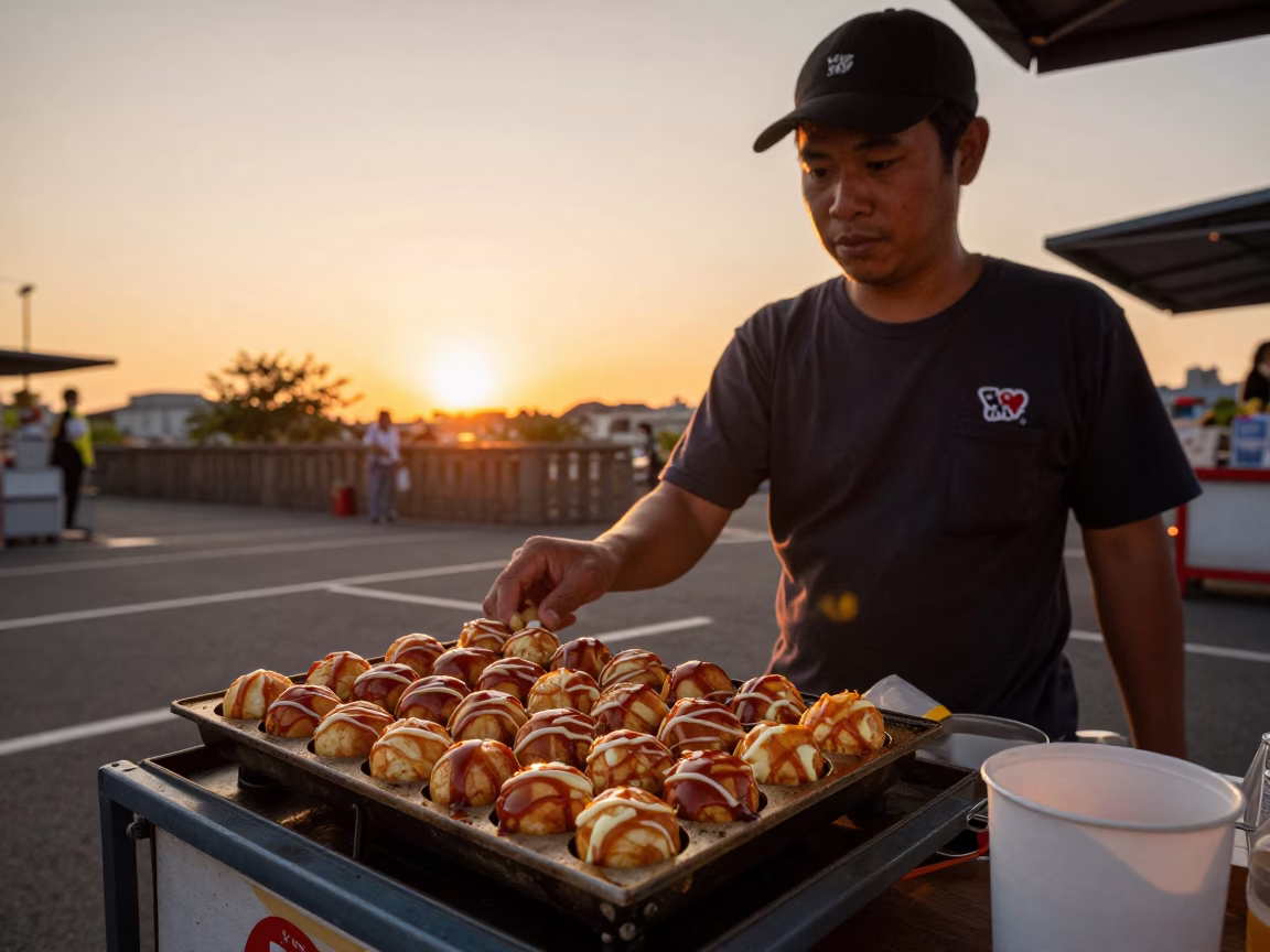 Tainan Taiwan Sunset Street Food Scene with Takoyaki Tray and Urban Background in in Tainan, Taiwan