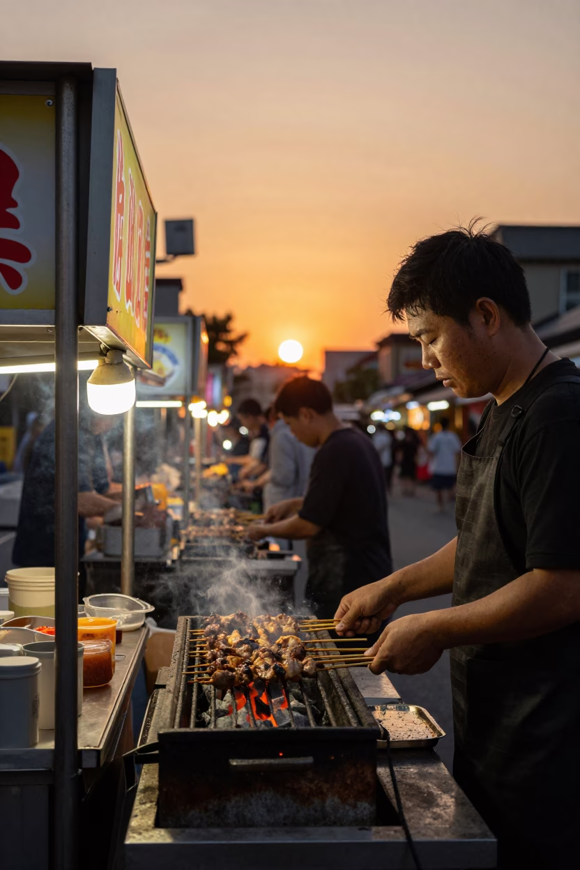 Tainan Taiwan Sunset Street Food Stall with Grilled Kebab and Local Diners in in Tainan, Taiwan