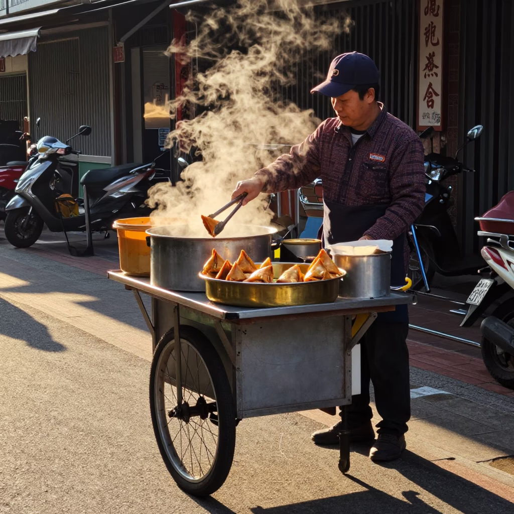 Tainan Taiwan Sunset Street Food Vendor Serving Samosas on Brass Plate at Dusk in in Tainan, Taiwan