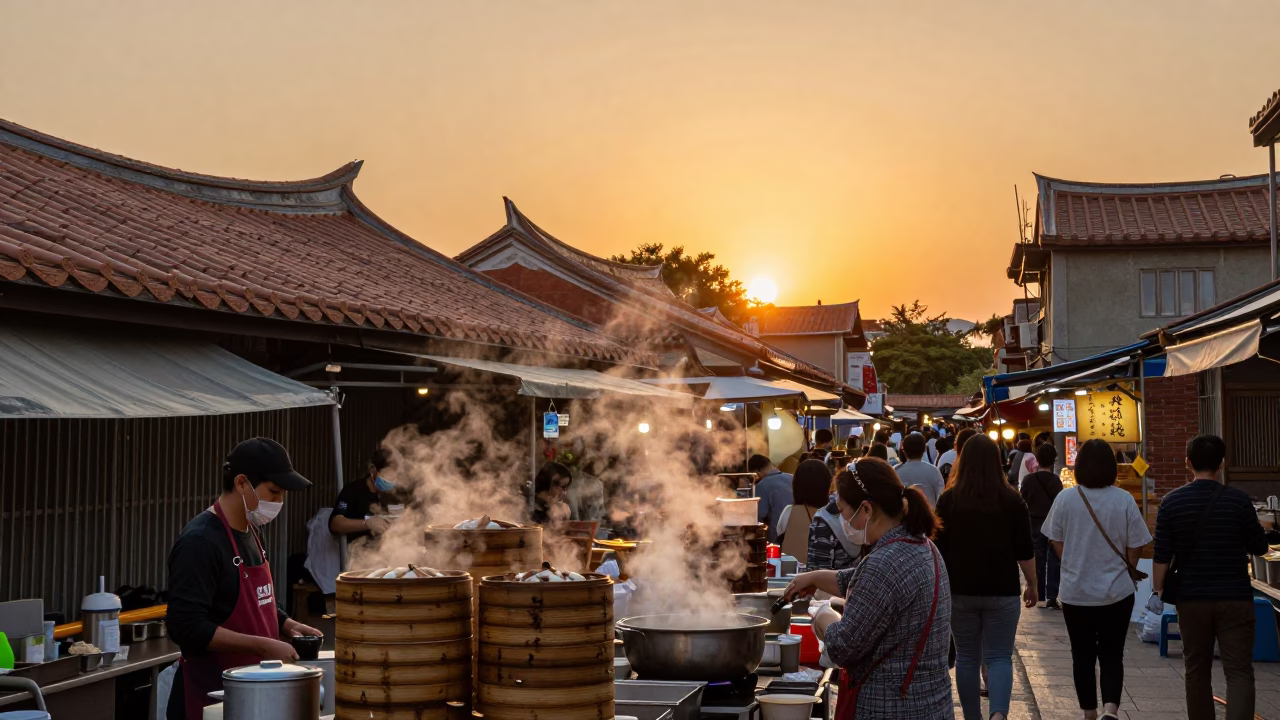 Tainan Taiwan Sunset Street Scene with Dim Sum Bamboo Steamers and Local Dining in in Tainan, Taiwan