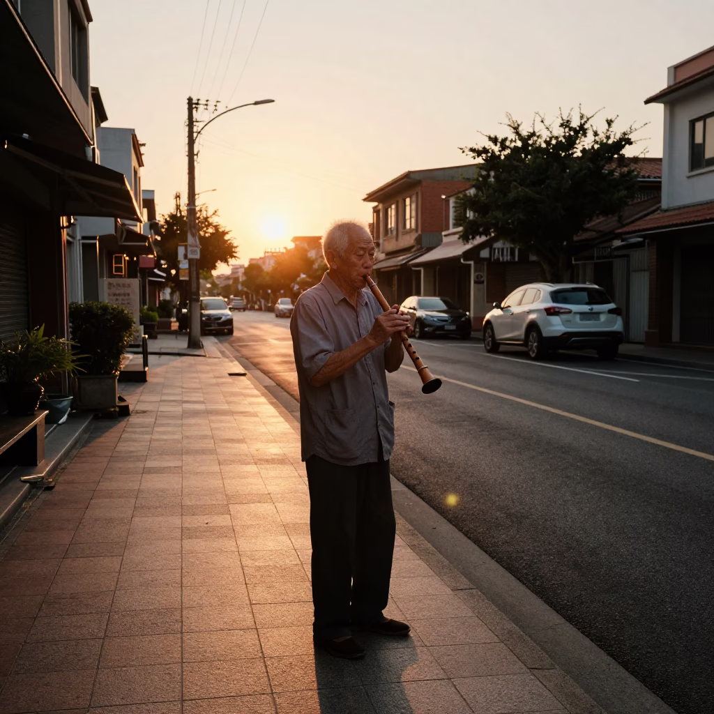 Tainan Taiwan Sunset Street Scene with Elderly Man Playing Recorder in in Tainan, Taiwan