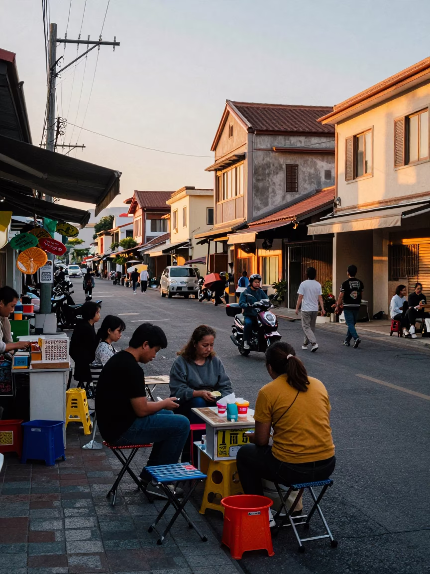Tainan Taiwan Sunset Street Scene with Folding Stools and Local Market Activity in in Tainan, Taiwan