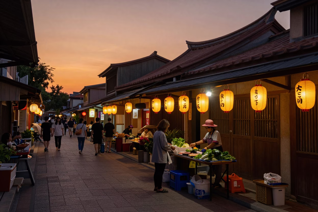 Tainan Taiwan Sunset Street Scene with Paper Lanterns and Local Dining in in Tainan, Taiwan