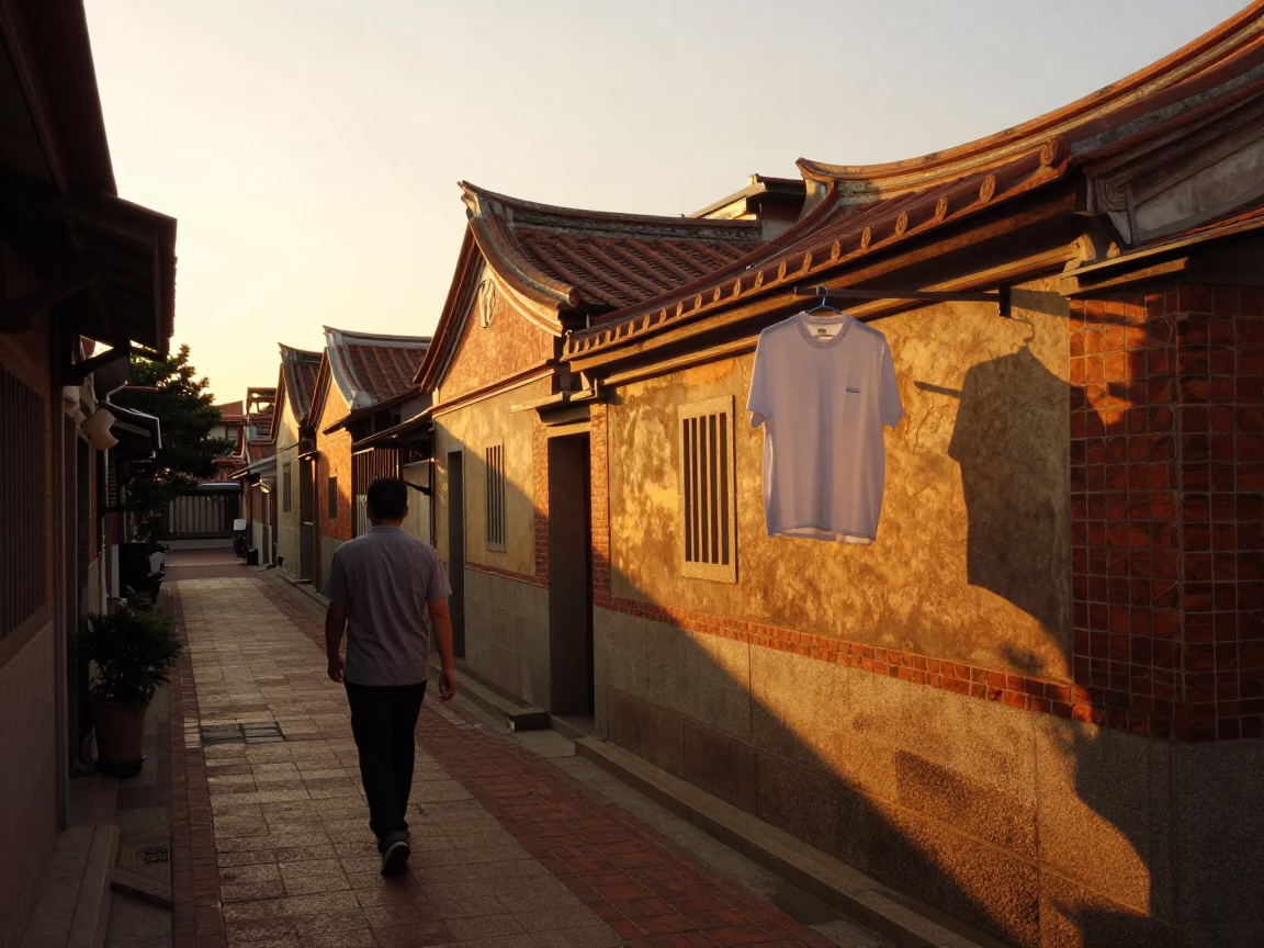 Tainan Taiwan Sunset Street Scene with Shirt Hanger and Local Architecture in in Tainan, Taiwan