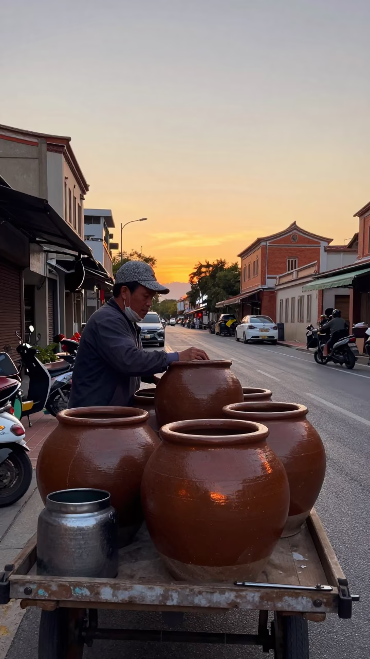 Tainan Taiwan Sunset Street Scene with Stoneware Crocks and Metal Bucket in in Tainan, Taiwan