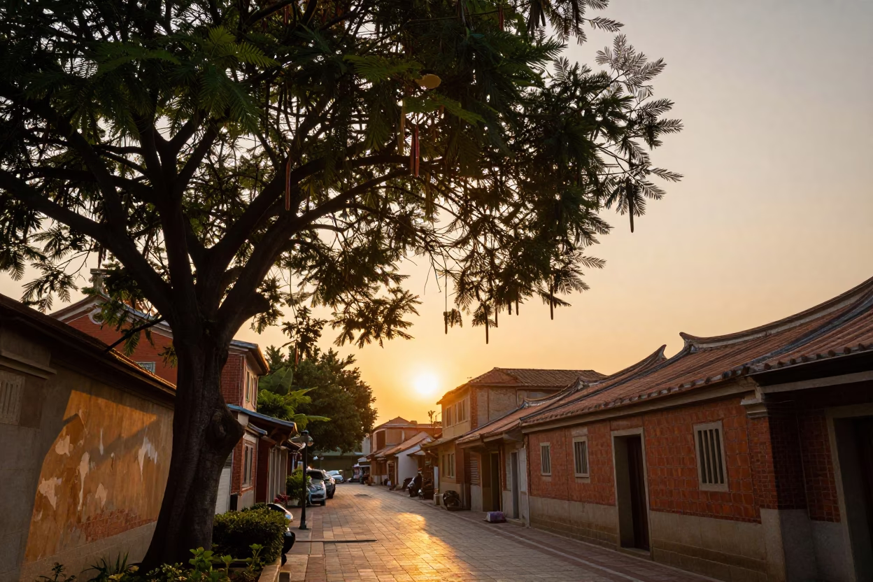 Tainan Taiwan Sunset Street Scene with Tamarind Tree and Traditional Architecture in in Tainan, Taiwan