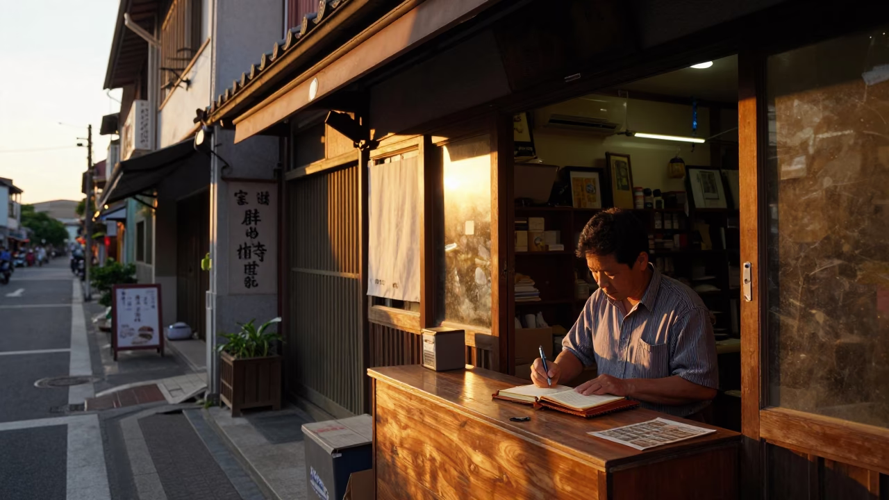 Tainan Taiwan Sunset Street Scene with Vintage Ledger and Local Commerce in in Tainan, Taiwan