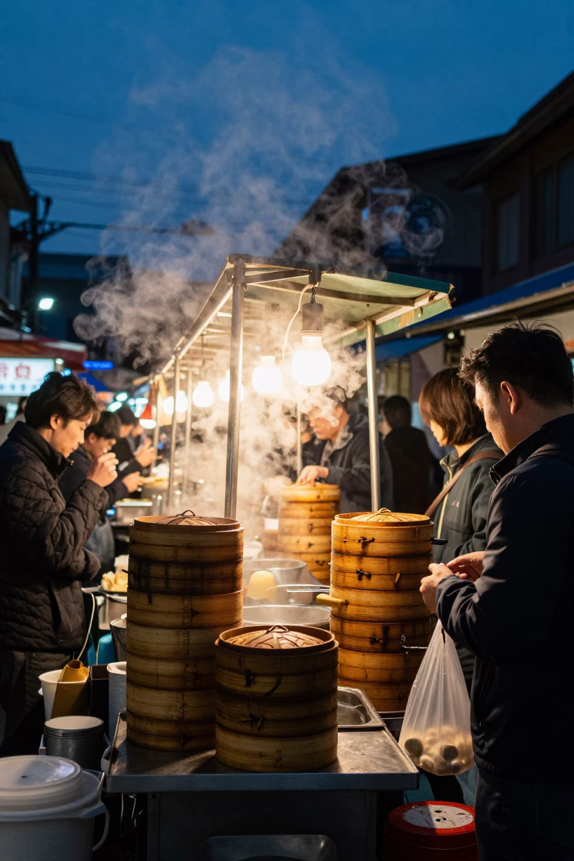 Tainan Taiwan Twilight Street Food Stall Dim Sum Bamboo Steamers and Mangoes in in Tainan, Taiwan