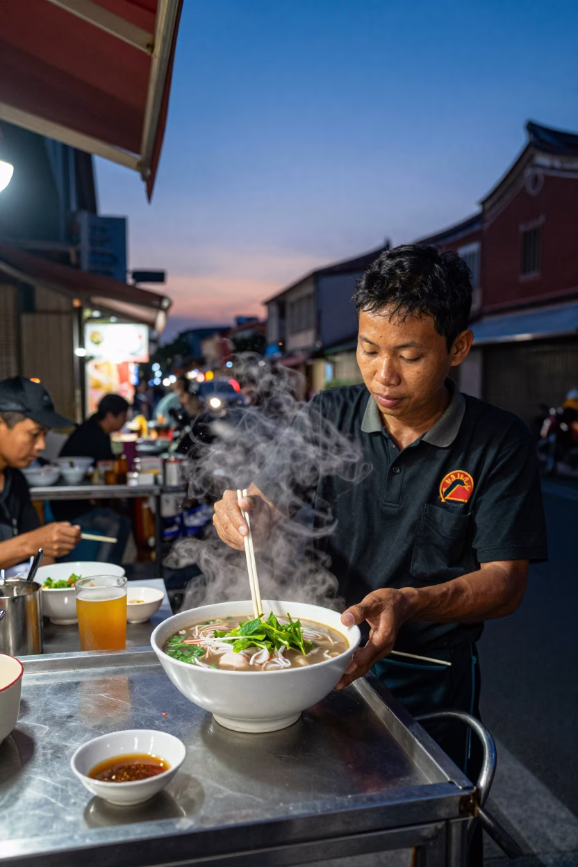 Tainan Taiwan Twilight Street Scene with Bowl of Pho and Urban Architecture in in Tainan, Taiwan