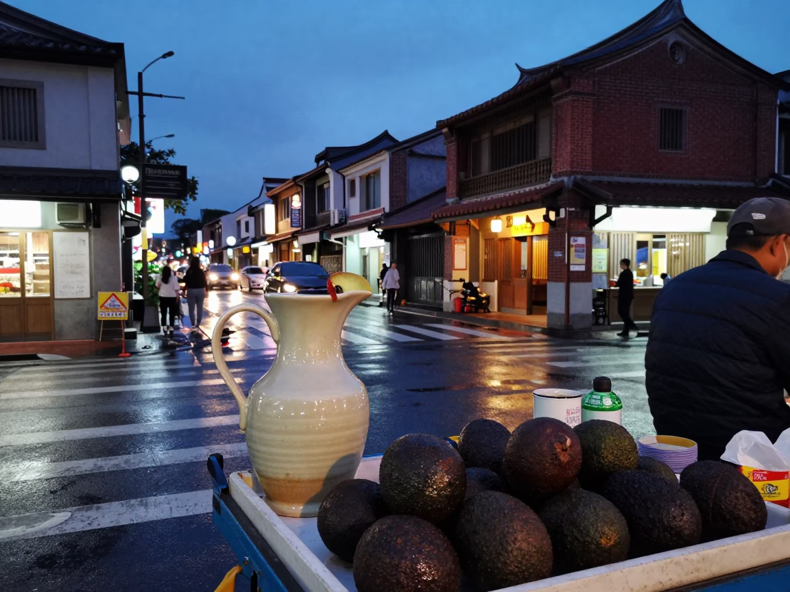 Tainan Taiwan Twilight Street Scene with Ceramic Pitcher and Avocados in in Tainan, Taiwan