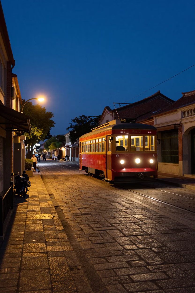 Tainan Taiwan Twilight Street Scene with Heritage Tram and Cobblestone Avenue in in Tainan, Taiwan
