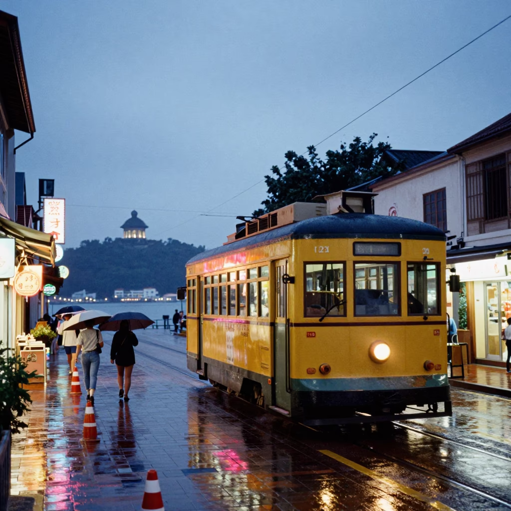 Tainan Taiwan Twilight Street Scene with Heritage Tram and Harbor Bridge in in Tainan, Taiwan