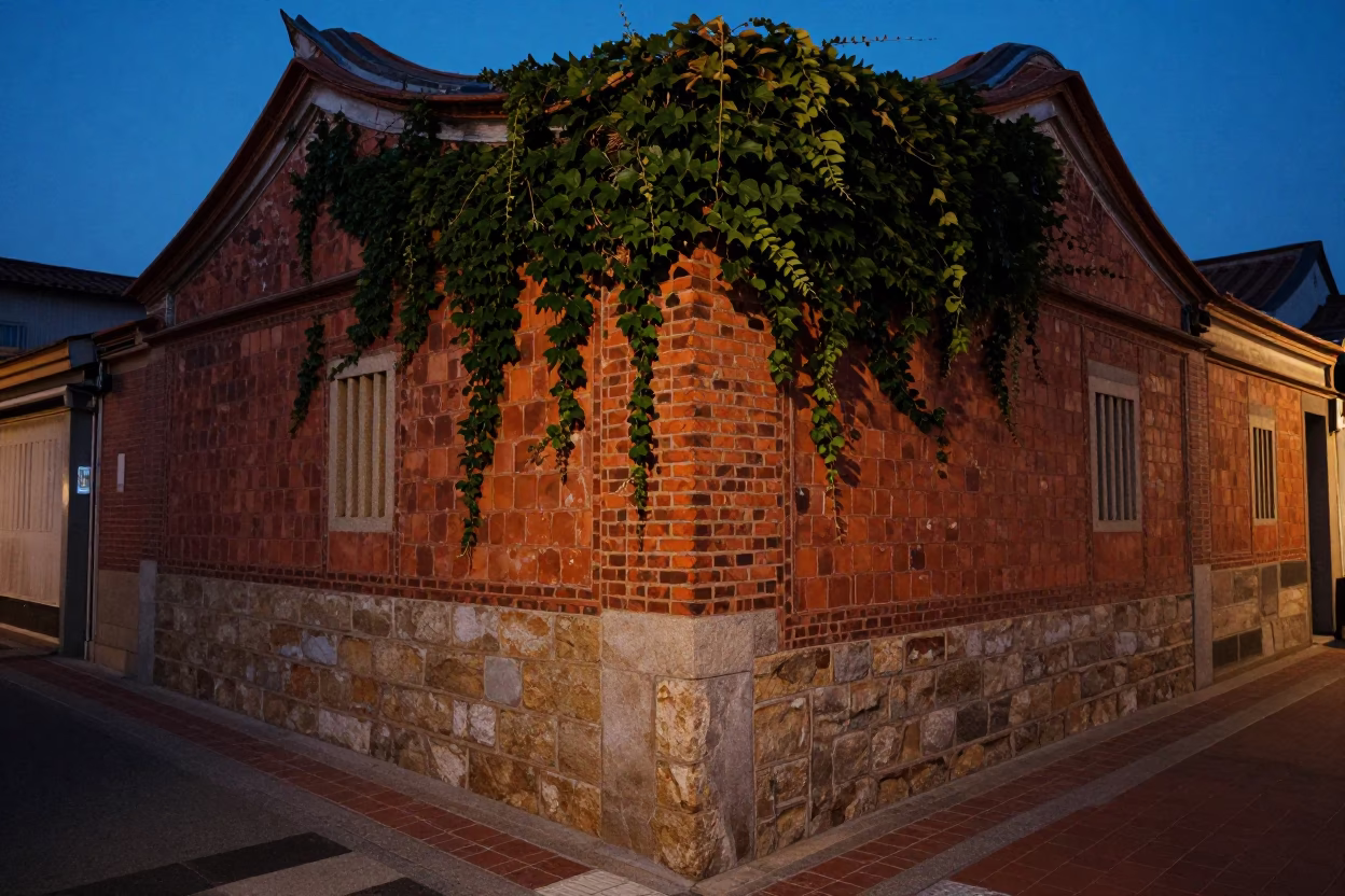 Tainan Taiwan Twilight Street Scene with Ivy Brick Wall and Urban Lighting in in Tainan, Taiwan