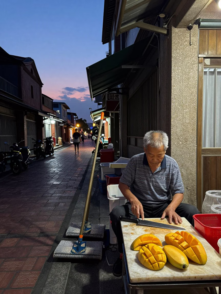 Tainan Taiwan twilight street scene with mops and fruit knife near old shop in in Tainan, Taiwan