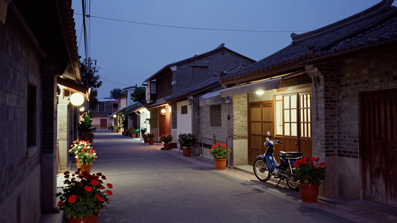 Tainan Taiwan Twilight Street Scene with Potted Geraniums and Vintage Motorcycle in in Tainan, Taiwan