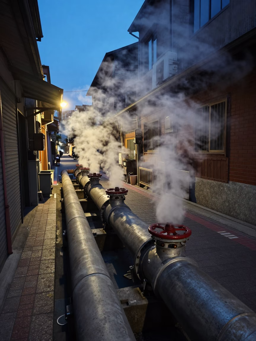 Tainan Taiwan Twilight Street Scene with Steaming District Heating Pipes and Autumn Leaves in in Tainan, Taiwan