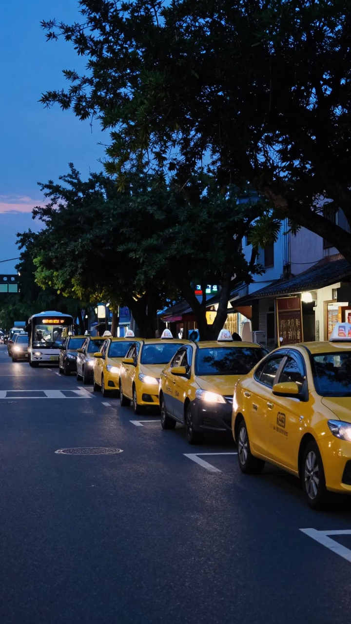 Tainan Taiwan Twilight Taxi Rank and Banyan Grove Street Scene in in Tainan, Taiwan