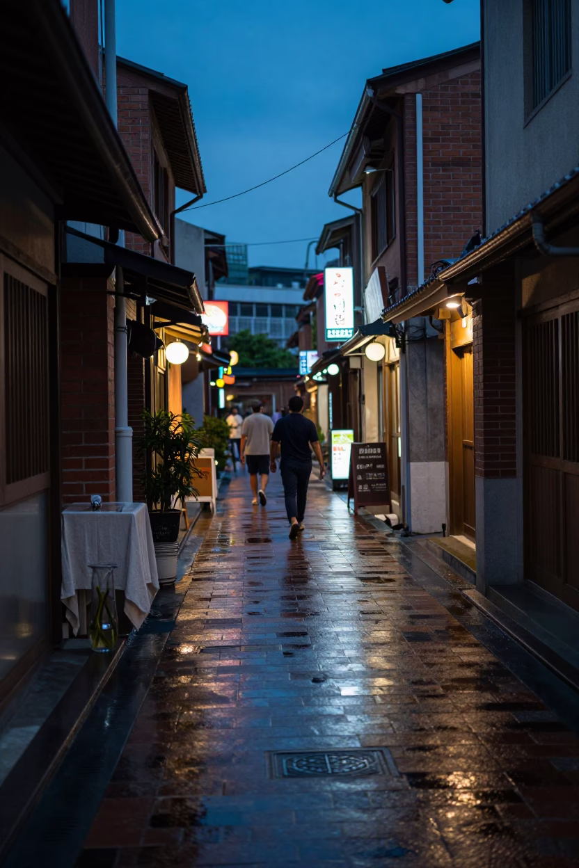 Tainan Twilight Street Scene with Glass Vase and Linen Runners in in Tainan, Taiwan