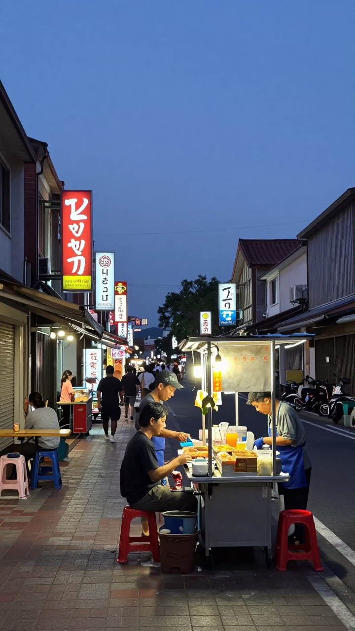 Tainan Twilight Street Scene with Local Dining Details and Urban Atmosphere in in Tainan, Taiwan
