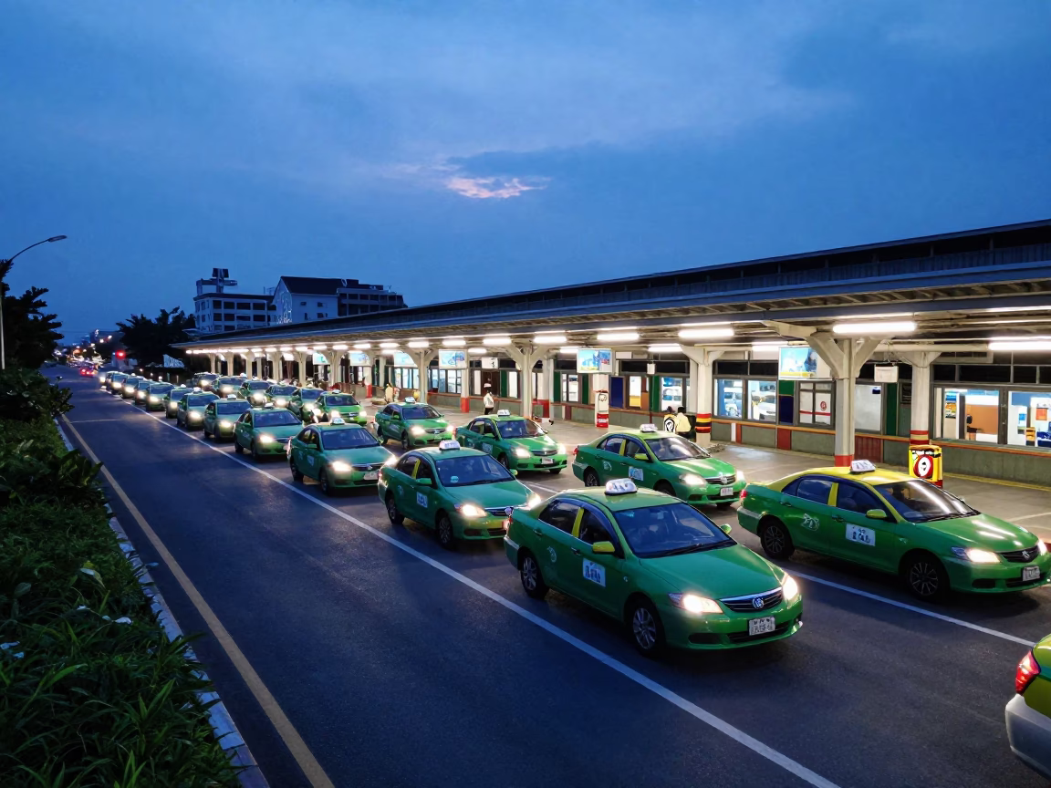 Tainan Twilight Taxi Rank Outside Train Station with Glowing Substation Busbars in in Tainan, Taiwan