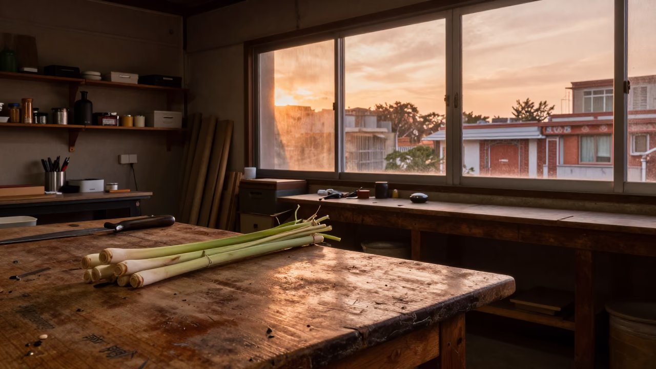 Tainan Workshop Interior at Copper-toned Light Before Dusk in in Tainan, Taiwan