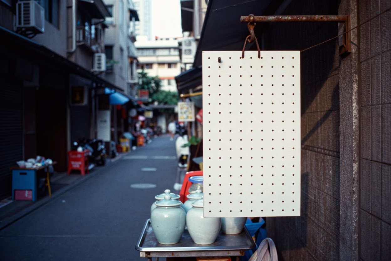 Taipei Alleyway Morning Light on Porcelain Jars and Pegboard Display in in Taipei, Taiwan